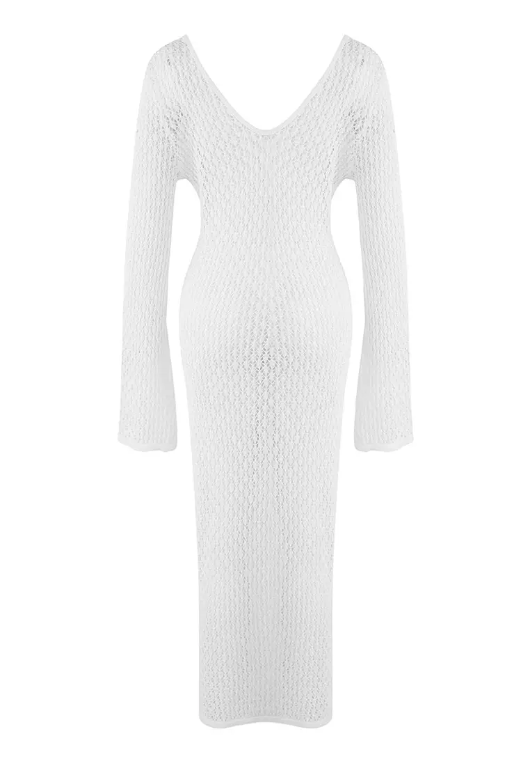 Ecru Maxi Knitwear V Neck Long Sleeve Beach Dress