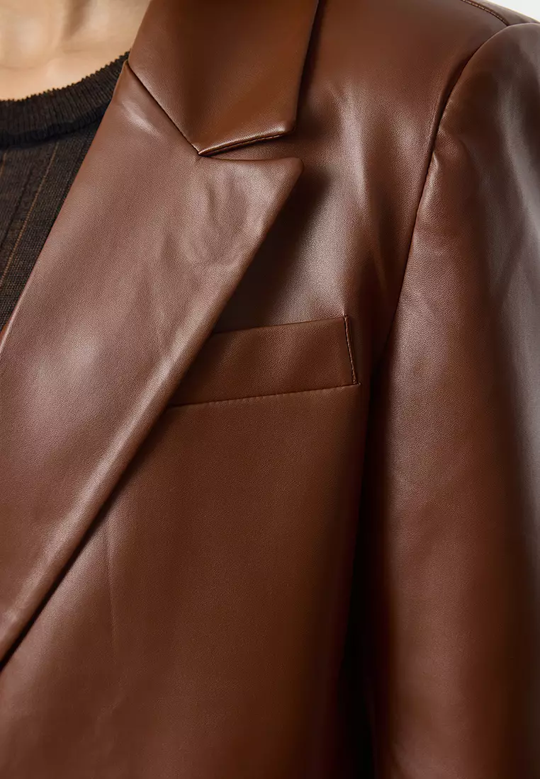 Brown Oversize Faux Leather Blazer Jacket