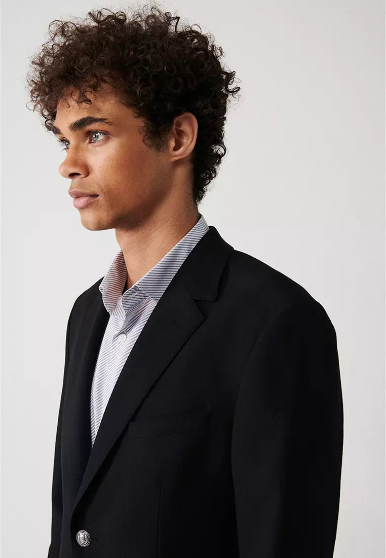 Men's Black Flap Pocket Lined Double Slit Woolen Jacket A32Y4029
