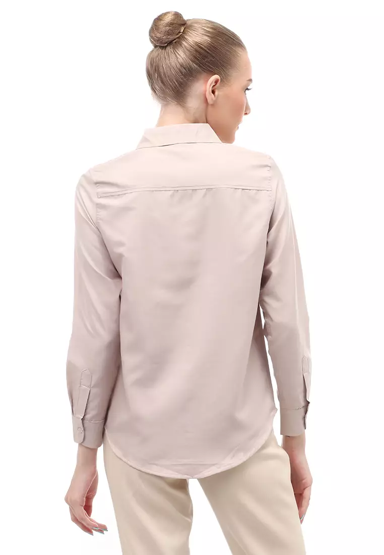 Kemeja Long Sleeves Atasan Wanita Motif Solid Shirt - Khaki