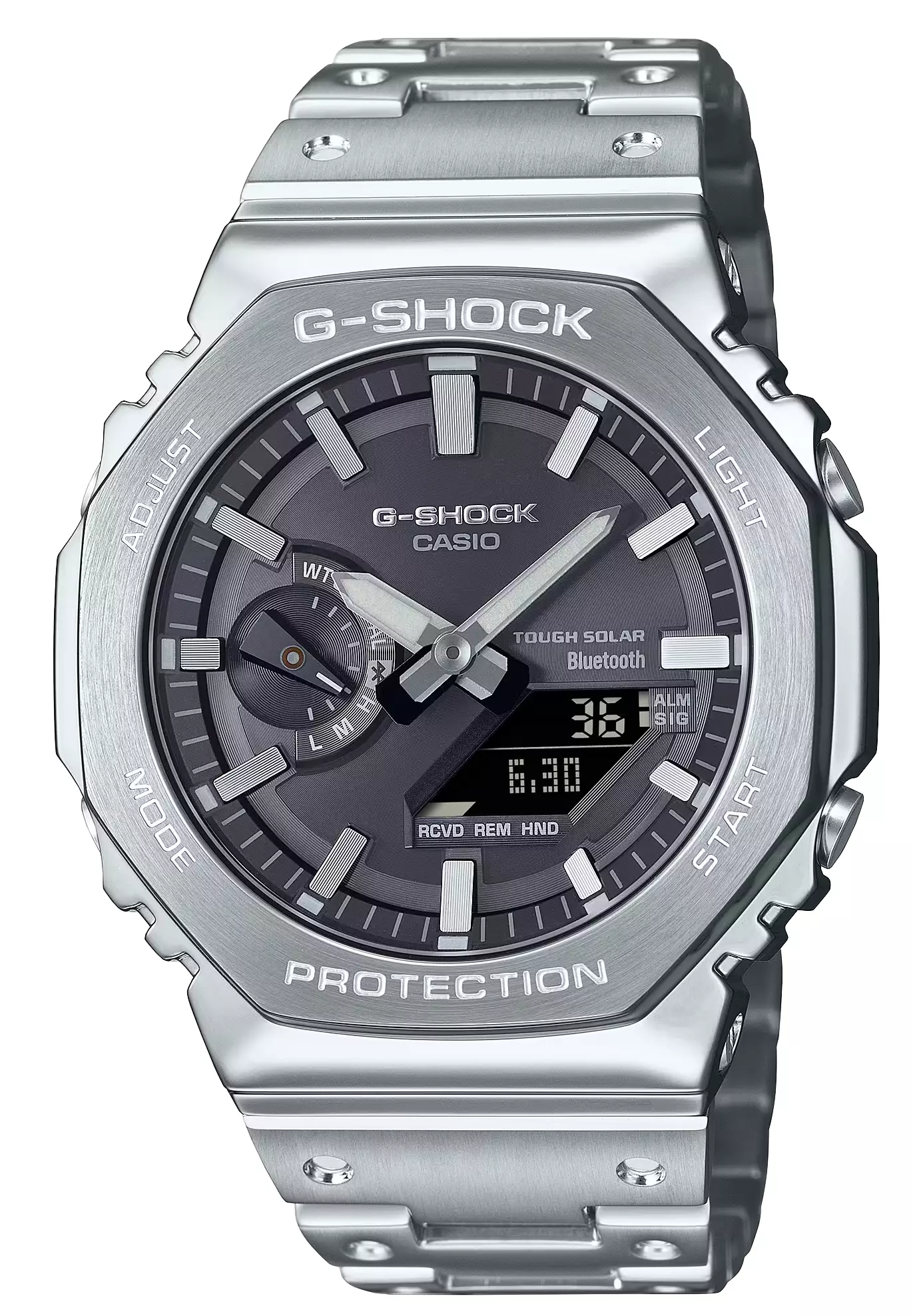 Men GM-B2100SD-1A Stainless steel Metal Silver Grey Solar Powered