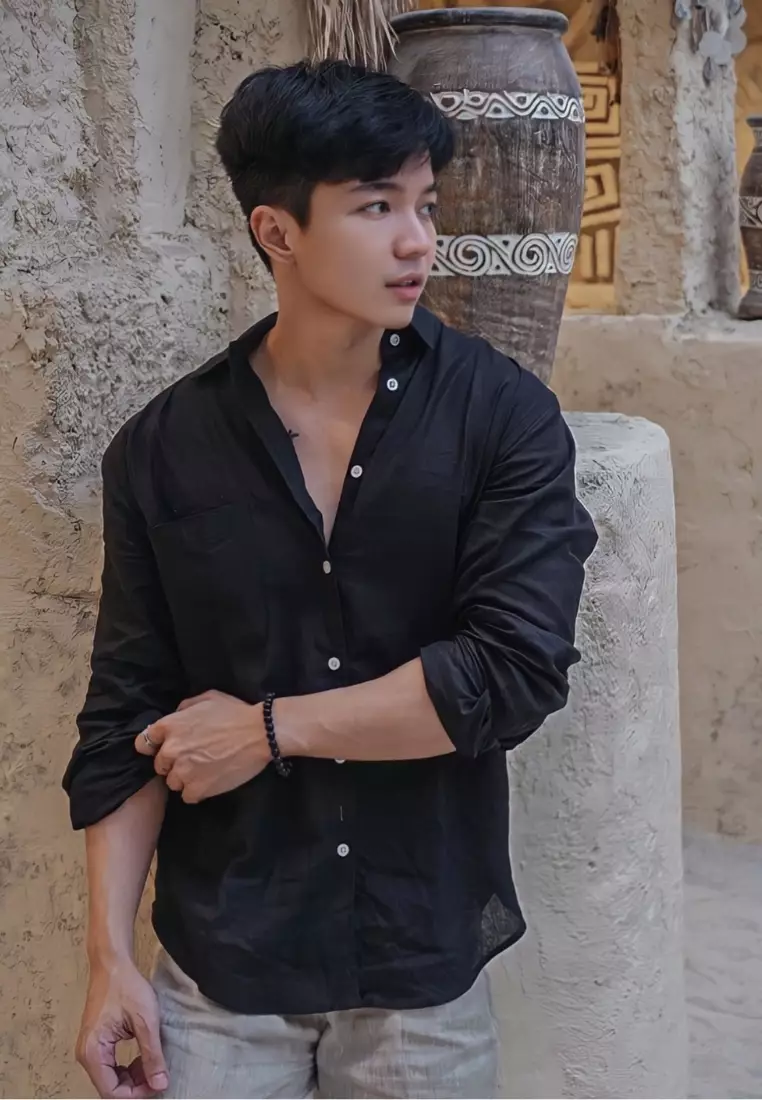 Midnight Kemeja Linen Lengan Panjang Pria Hitam | Linen Long Sleeve Shirt Men Black