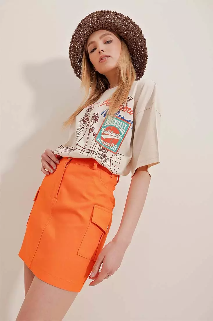 Alacati Orange Cargo Pocket Gabardine Mini Skirt 2024 Buy