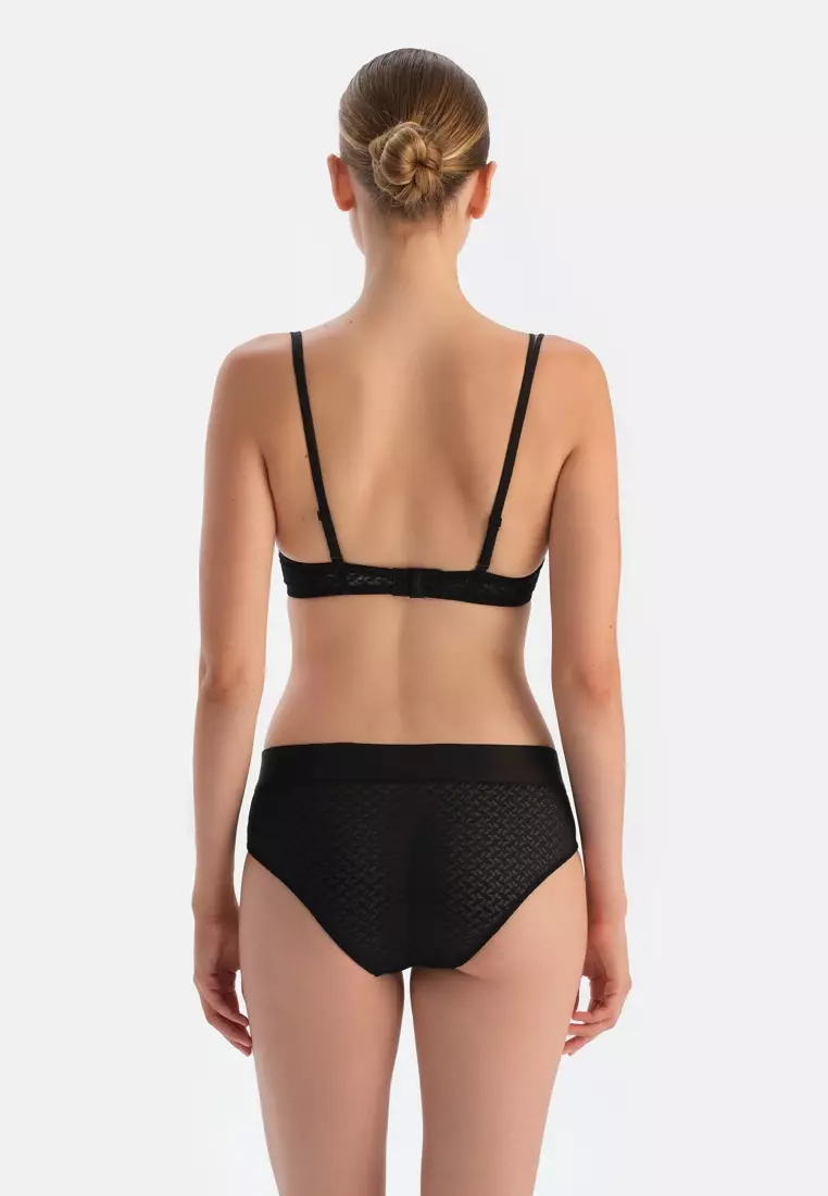 Black Lace Non-Padded Bra, Geometric Patterned, Regular Fit, Spacer Bra Pad, Underwire, Underwear for Women