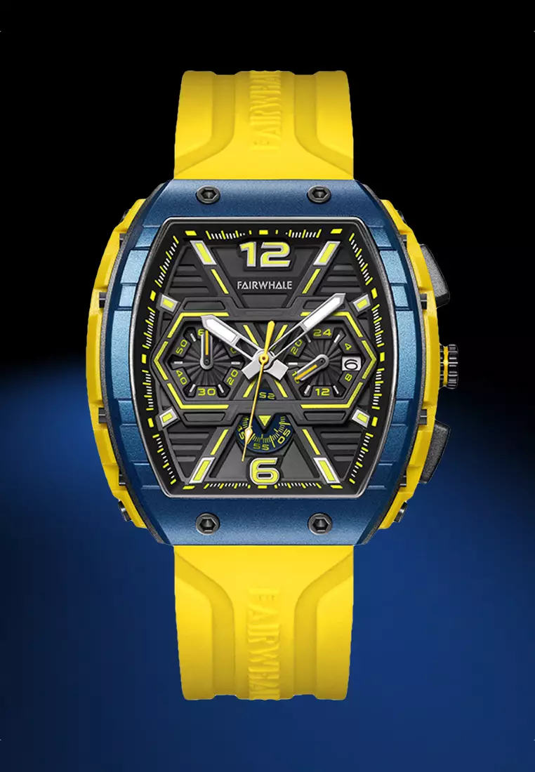 Unisex Barrel Shape Resin Quartz Chronograph Watch, 45mm, Rubber Strap