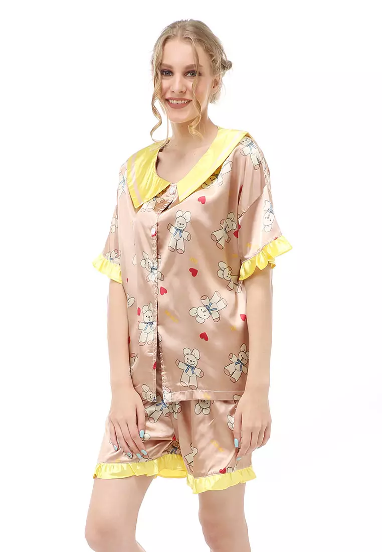 Vance Setelan Baju Tidur Wanita Lengan Pendek Motif Coco Bear Material Satin ORIGINAL - Yellow