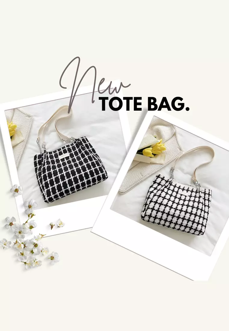 Wakakids Tas Wanita Bahu Shoulder Bag Tote Bag Bahan Kain Tweed Plaid Pattern Venrc Putih