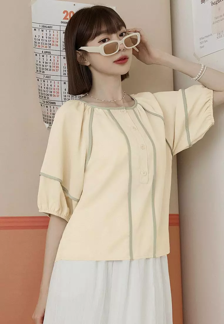 Round Neck Colorblock Trim Half-Placket Lantern Sleeve Top [AB20353]