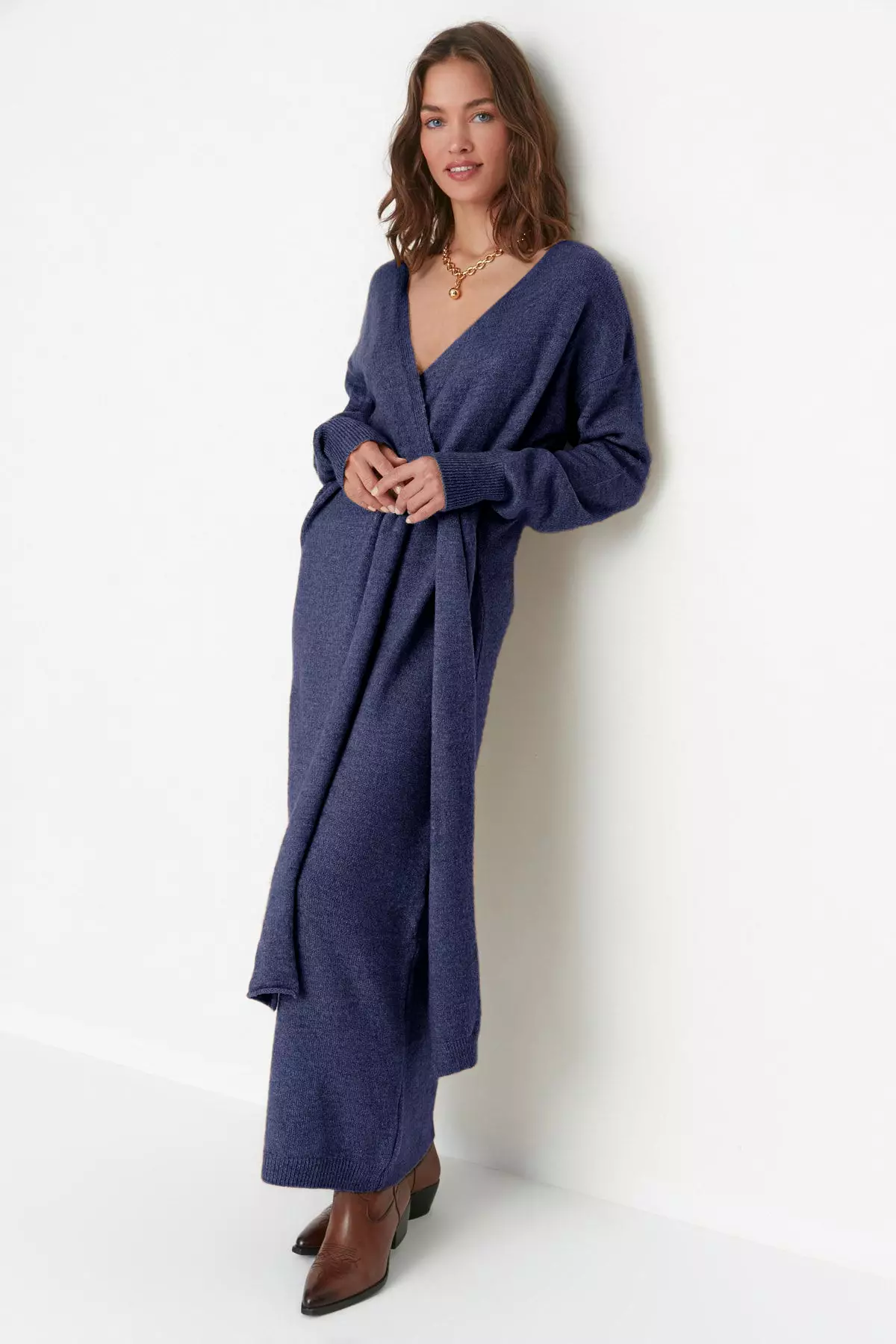 Navy Blue Soft Texture Midi Knitwear Double Breasted Collar Tie Up Dress