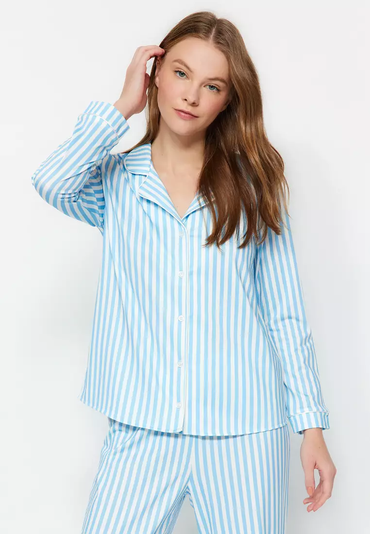 Stripe Patterned Piping And Fleece Lined Shirt-Pants Knitted Pajama Set