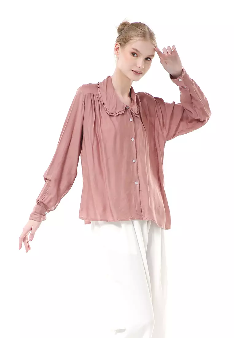 Adena Blouse Atasan Wanita Long Sleeve Kerah Rempel - Dusty