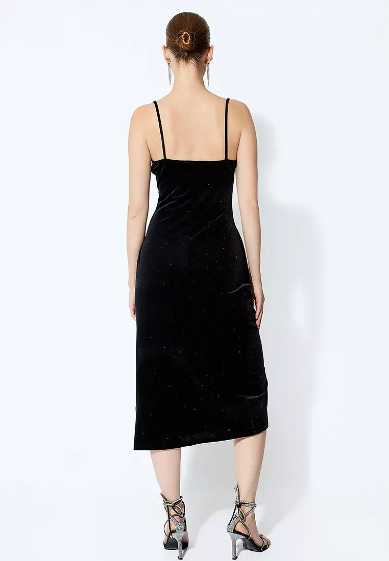 Velvet Dress Glittery Midi Length Slit Detailed Straped V Neck Draped
