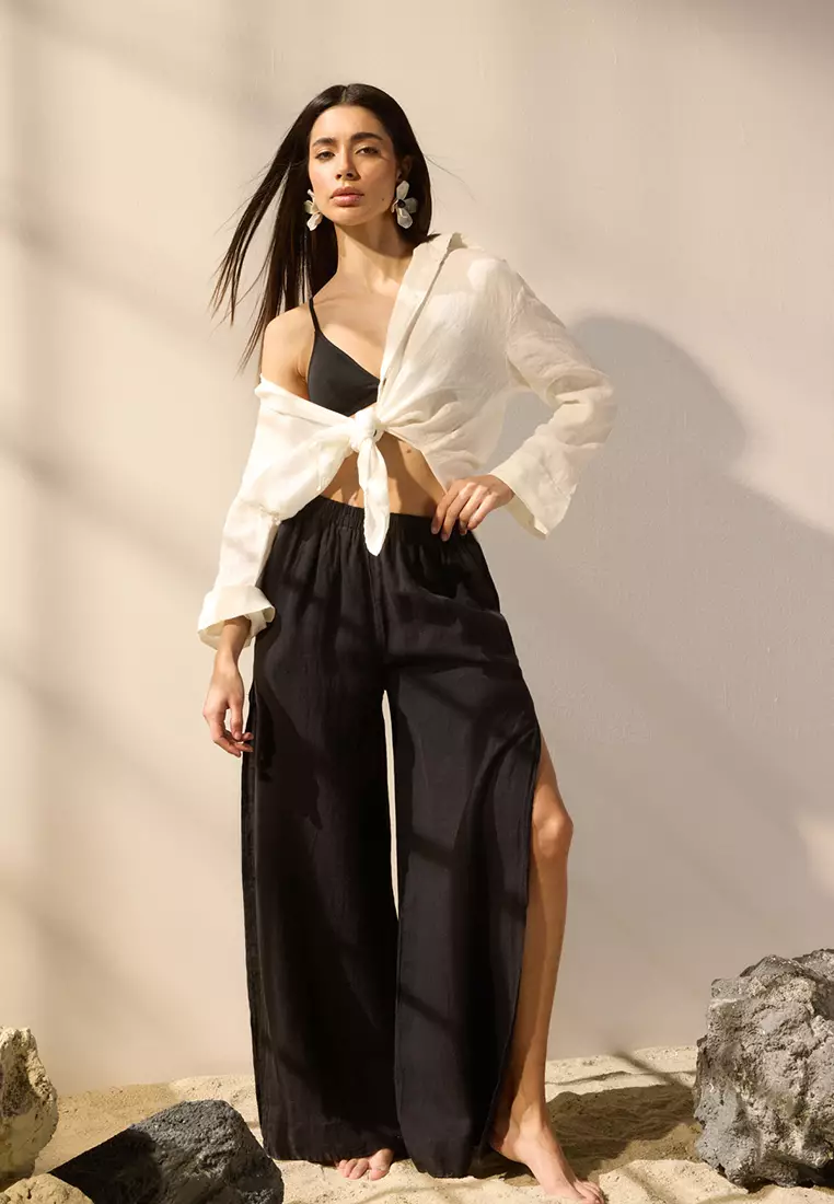 Black Woven 100% Linen Slit Beach Trousers TBESS25PL00004