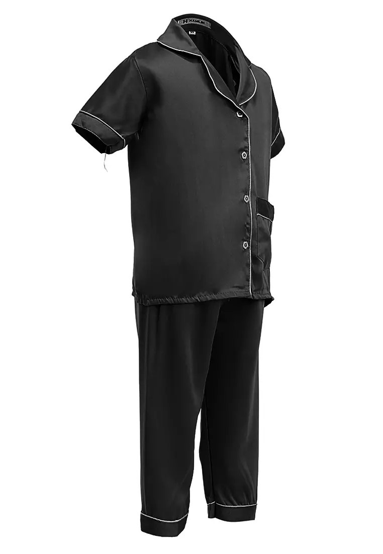 Joyce Piyama Anak Unisex Lengan Pendek Kids Pajamas Motif Polos Material Satin ORIGINAL - Black