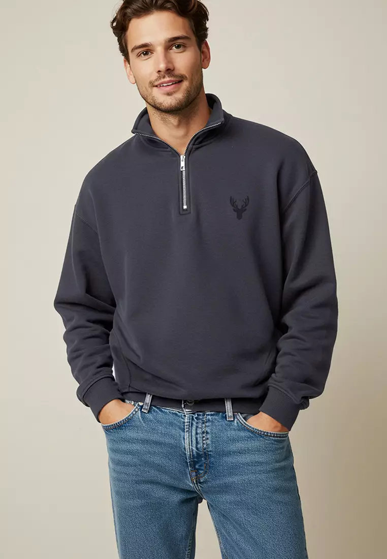Anthracite Regular Cut Stand Collar Zippered Cotton Deer Embroidery Sweatshirt