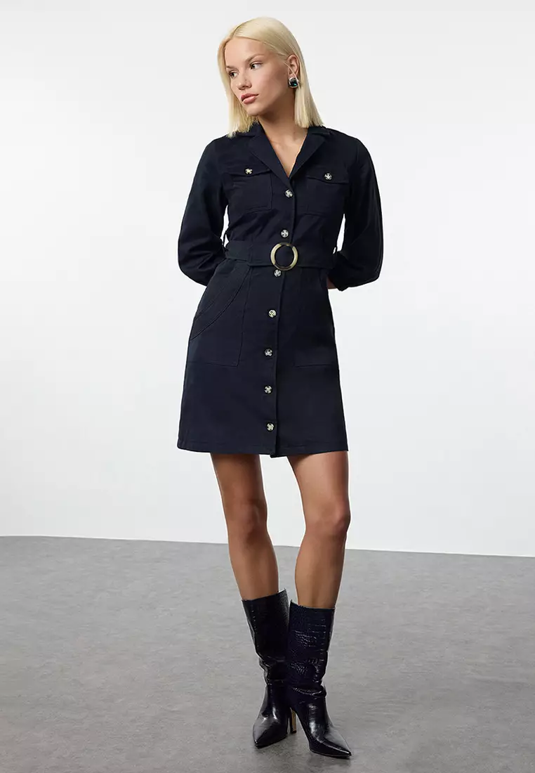 Navy Blue Straight Belted Jacket Mini Button Detailed Woven Dress TWOAW20EL1156