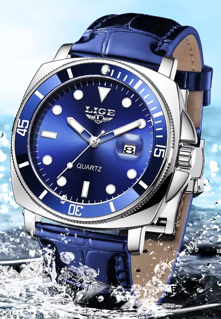 Unisex Classic Diver's Stainless Steel Quartz Watch with turning Bezel, Leather Strap