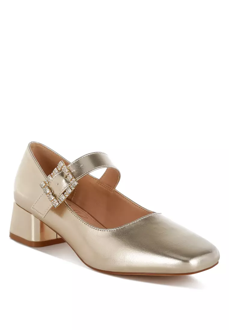 Diamante Brooch Metallic Mary Jane Pumps In Gold