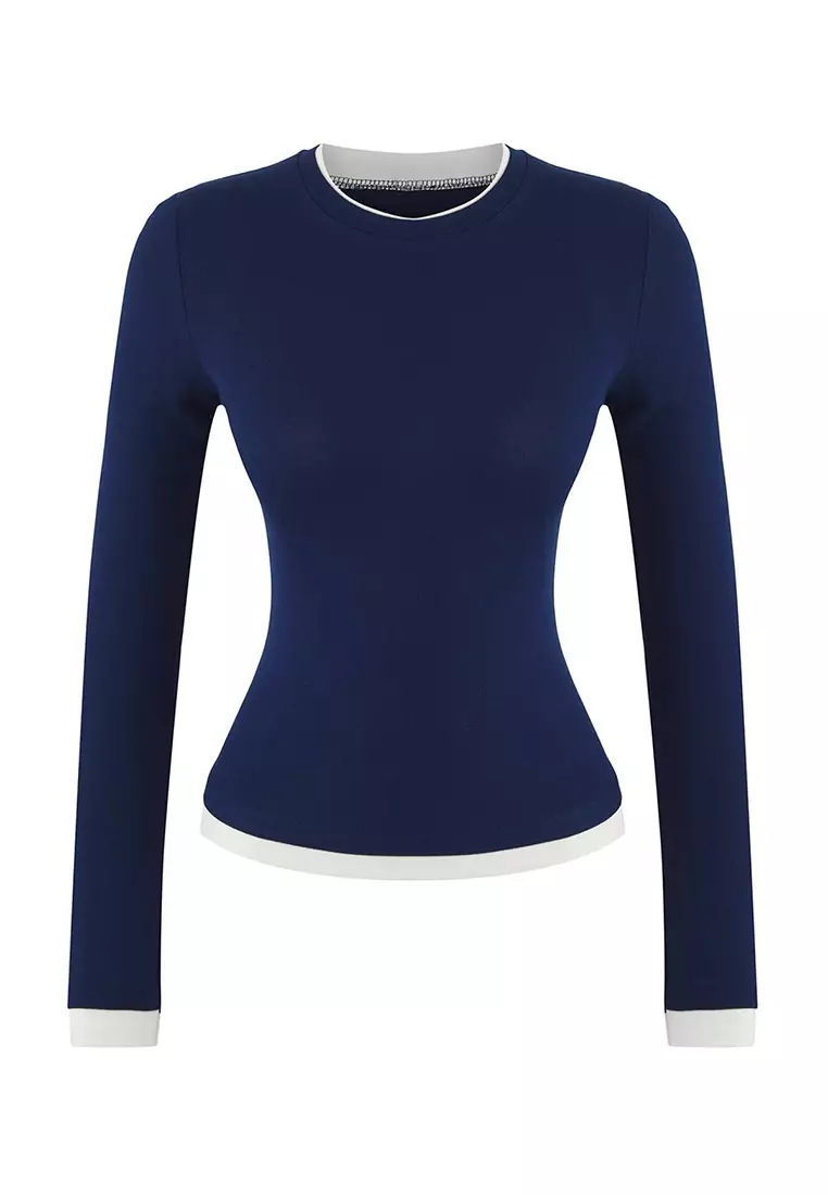 Navy Blue Color Block Fitted/Body-Smoothing Viscose/Soft Fabric Flexible Knitted Blouse Twoaw25Bz00114