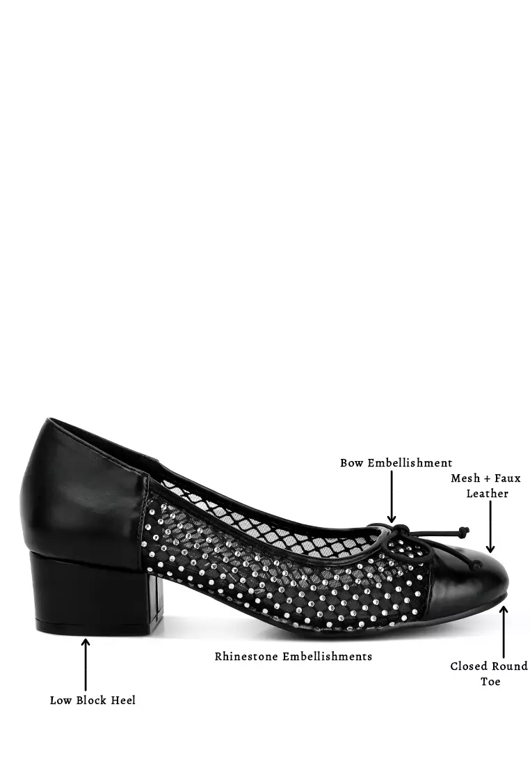 Rhinestone Detail Mesh Ballerinas in Black