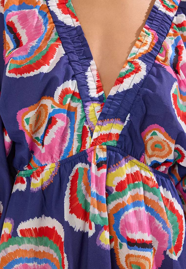 Underwater Pattern Mini Woven Balloon Sleeve 100% Cotton Beach Dress Tbess25El00082