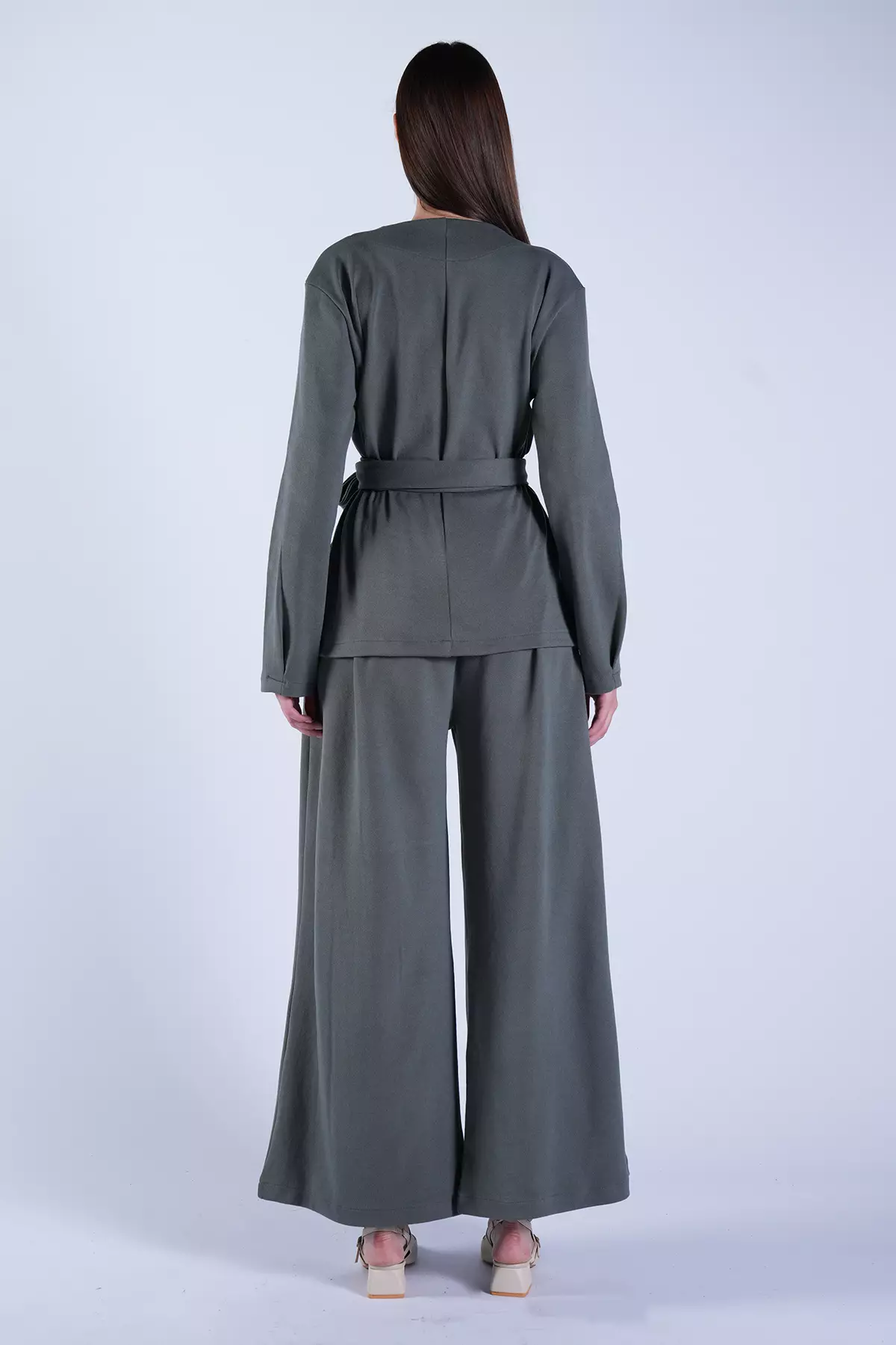 Women'S Khaki Self-Belted Long Jacket And Double-Pocket Trousers Set Alc-X15042