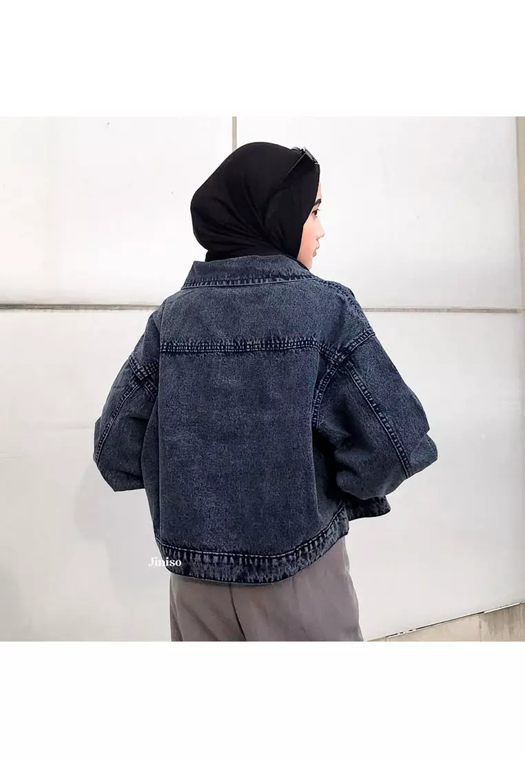 Jaket Crop Jeans Oversize Pocket Black Acid