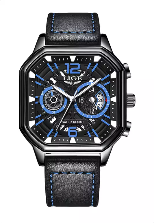 Chronograph Unisex Stainless Steel Square Quartz Watch 43X43mm, black dial, Leather Strap