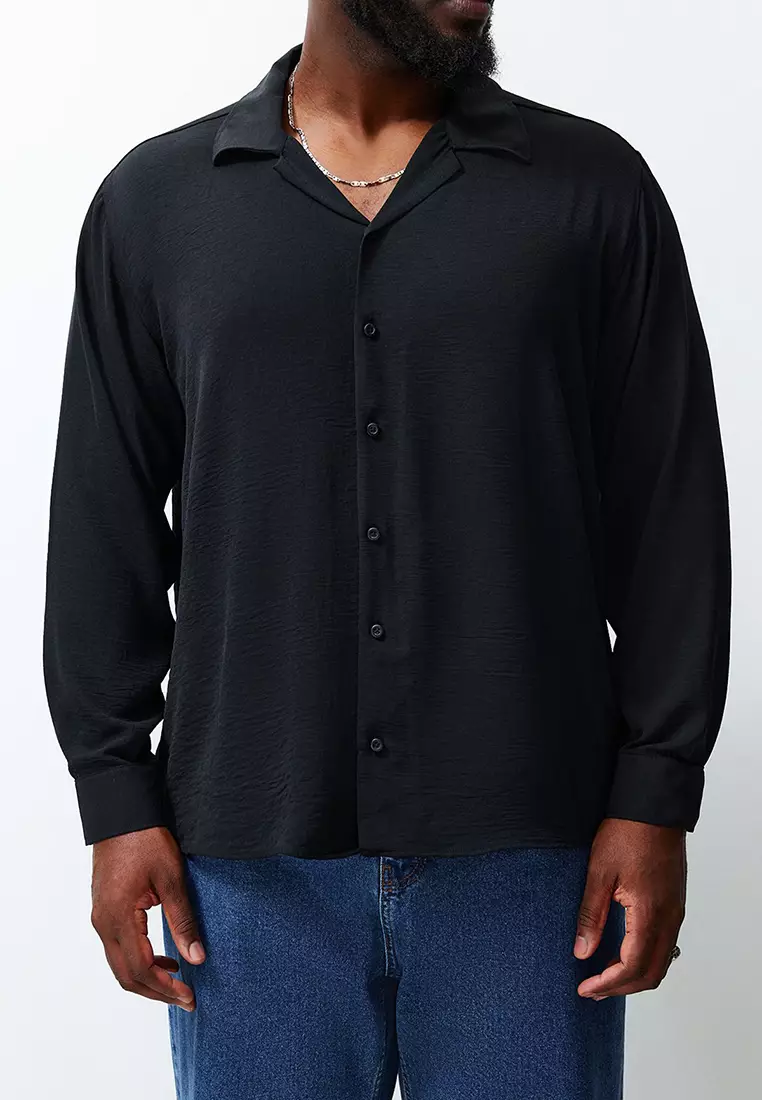 Black Regular Fit Open Collar Summer Linen Look Plus Size Shirt TMNSS24AX00012