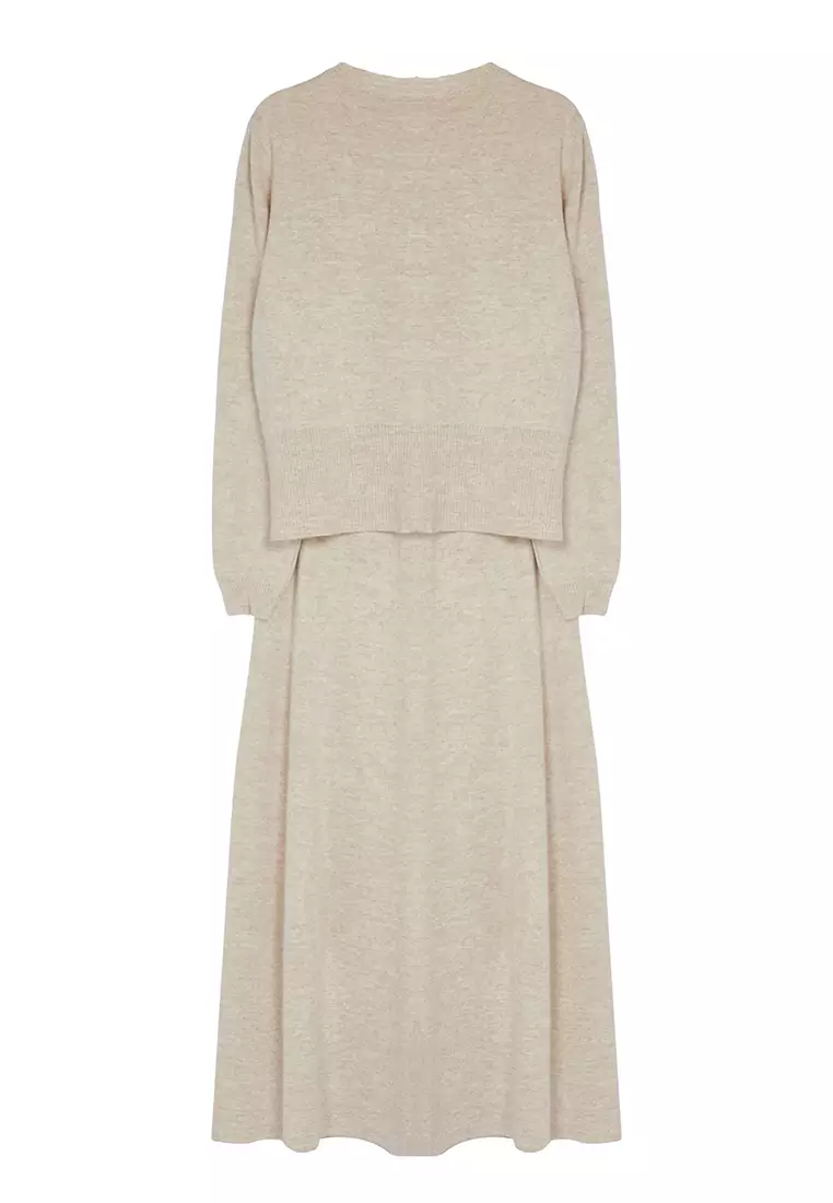 Stone Button Detailed Knitwear Cardigan Skirt Bottom-Top Set TCTAW25US00014