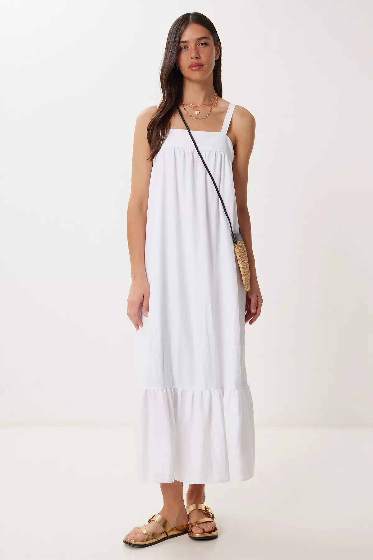 Women's White Strap Flounced Summer Tensel Dress Bv00154