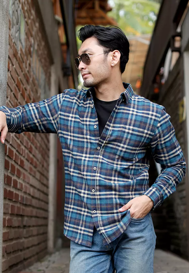 OXCON Extra Comfort Authentic Flannel Shirt Turqoise Cream