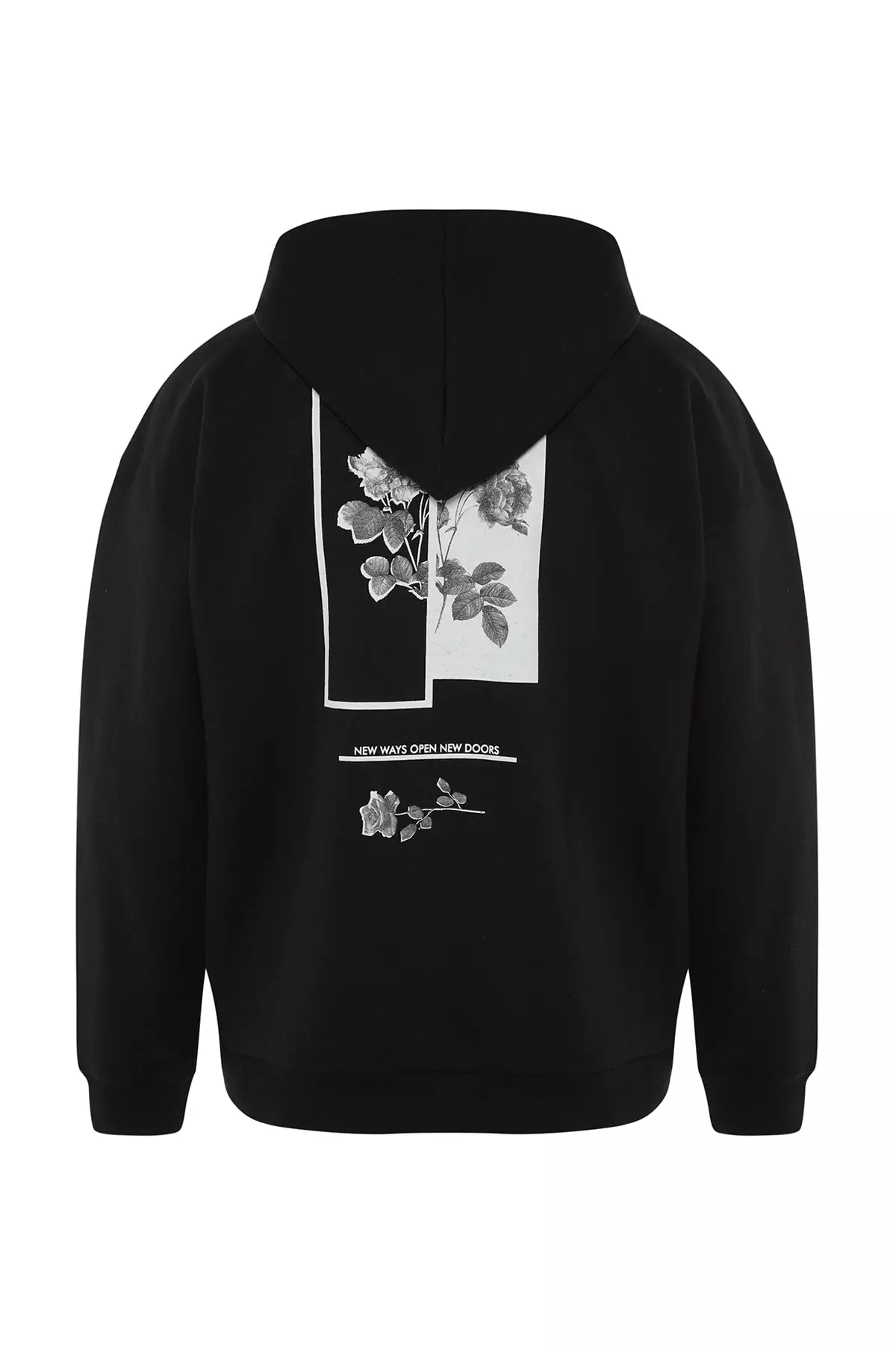 Men's Black Oversized Hoodie Printed Sweatshirt with a Soft Pile Inside, and a Floral Print