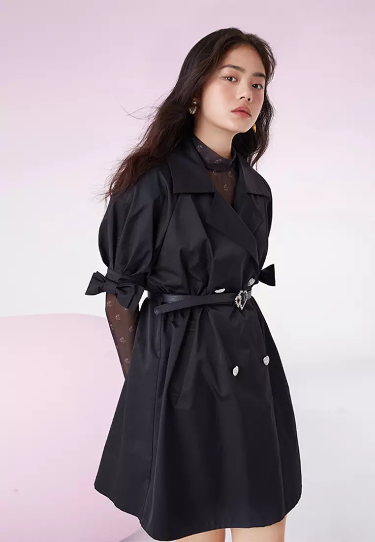 Buy Hopeshow Short Sleeve Trench Coat with Belt and Heart Buttons