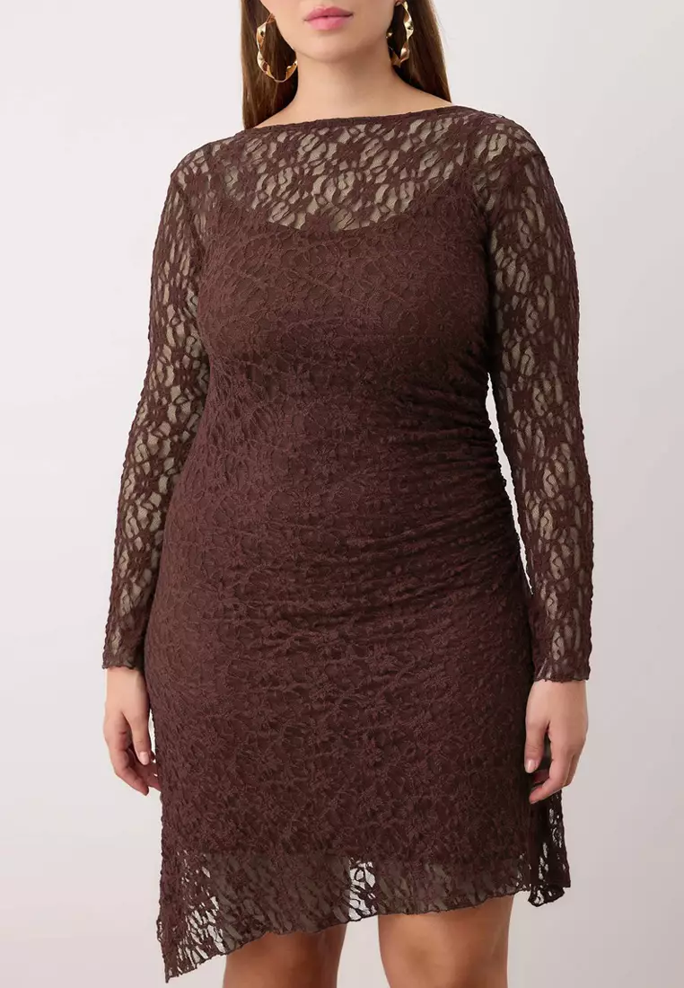 Brown Teen Lace Knitted Mini Plus Size Dress Tbbaw26Ah00042