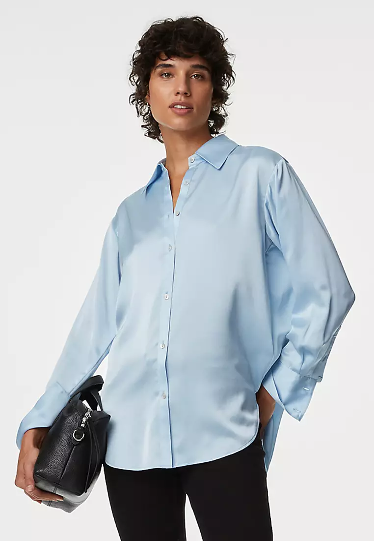 Jual Marks & Spencer Satin Collared Longline Oversized Shirt Original ...