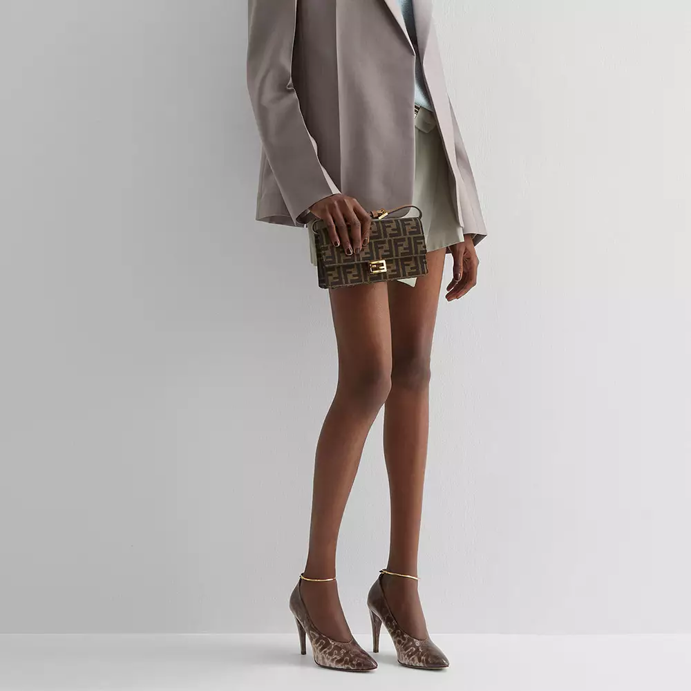 Baguette FF Clasp Fabric Wallet On Chain Brown