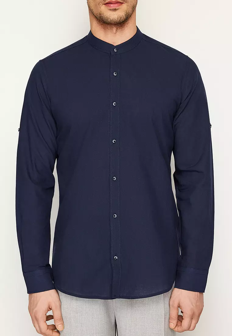 Slim Fit Big Collar Button Down Shirt Slim Fit Grandad Collar Shirt