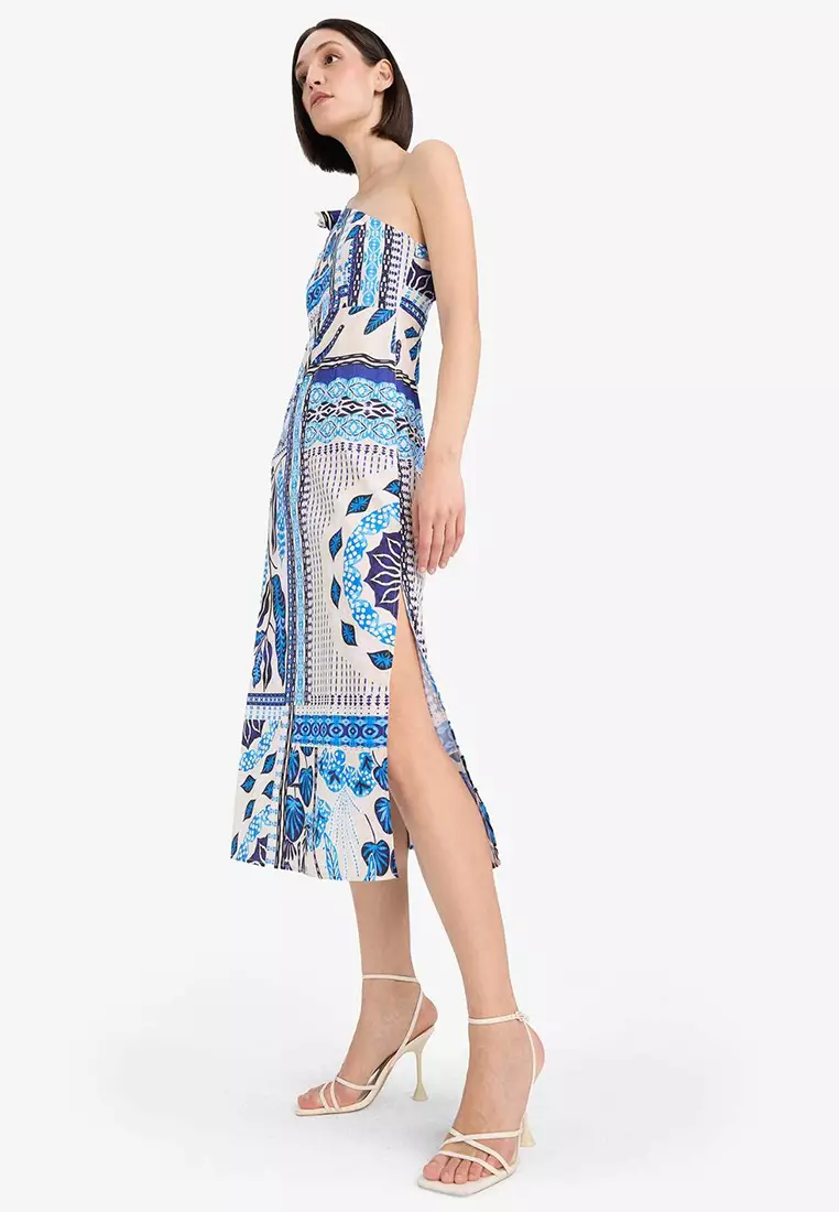 Tropical Print One Shoulder Poplin Dress