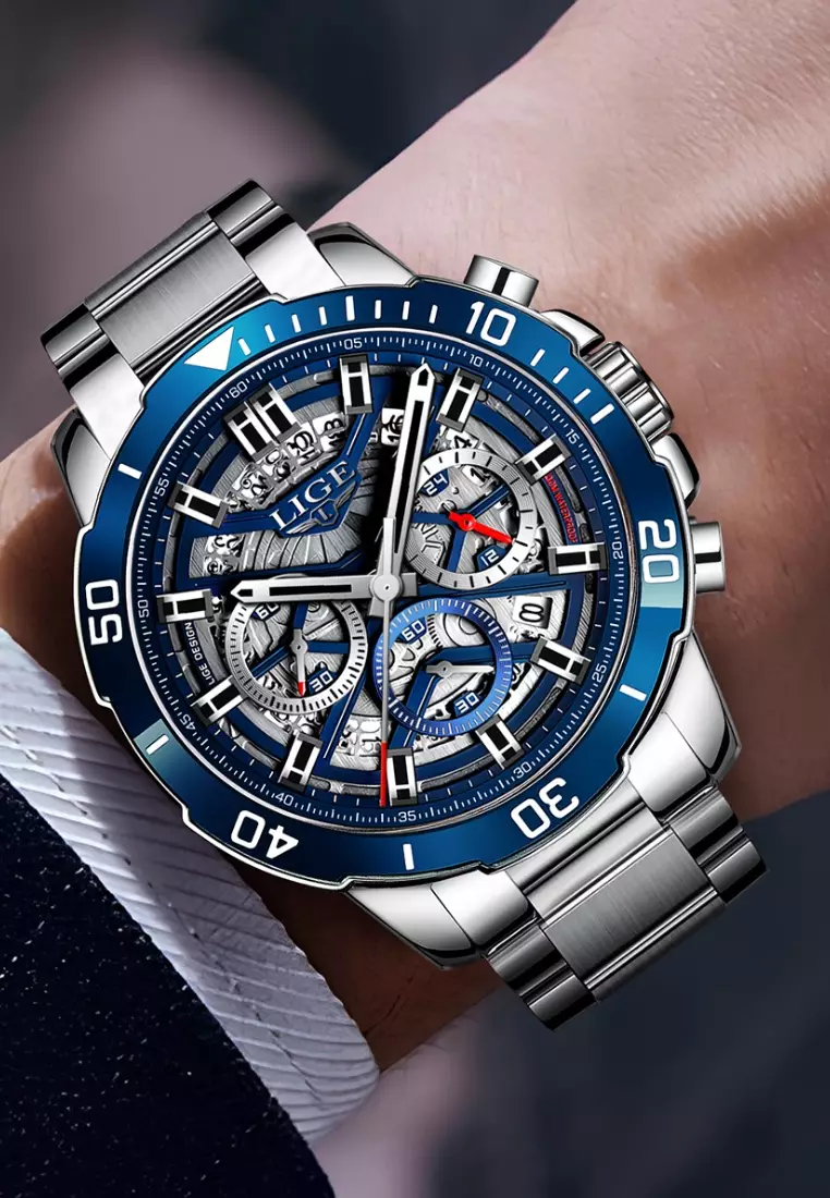 Chronograph Unisex Stainless Steel Quartz Watch, 45mm, Blue Bezel, Skeleton dial on Steel Bracelet