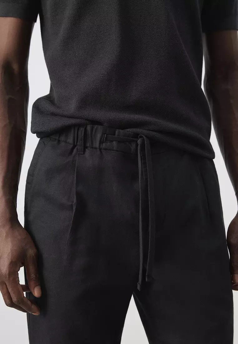 修身剪裁縮腳亞麻棉褲