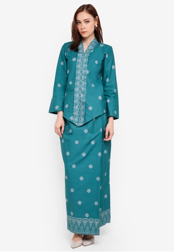 Cotton Tradisional Kebaya With Songket Print (MGlory) from Kasih in Green and Blue and Silver