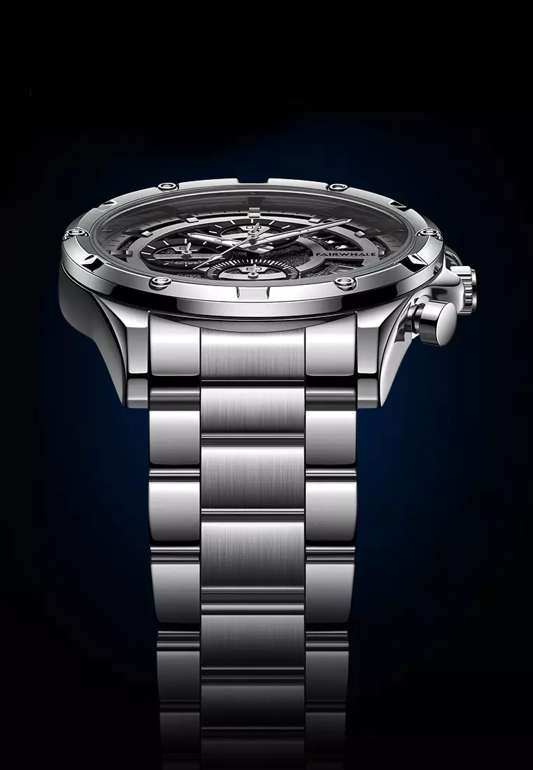 Unisex Stainless Steel Quartz Chronograph Watch, Black Dial, 42mm, Stainless Steel Bracelet