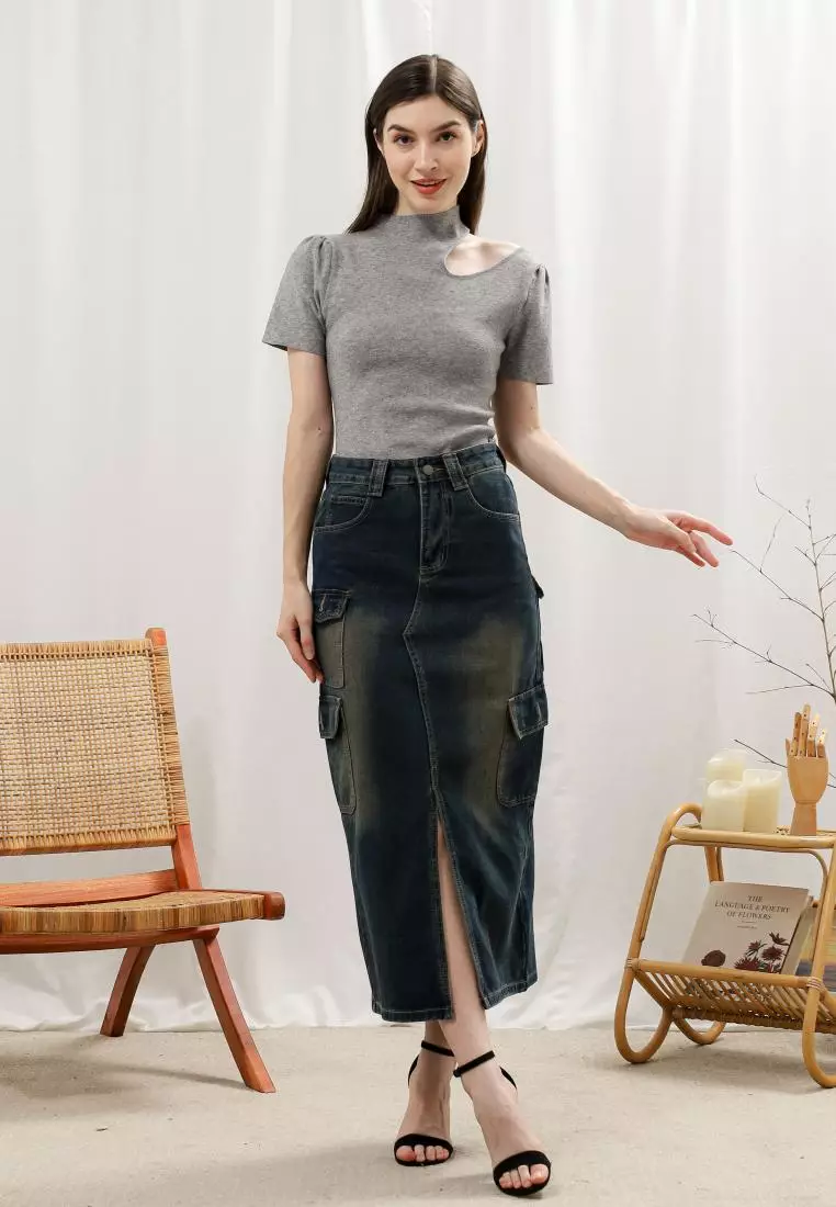 Midi Skirt Utility Skirt Outfit Jual MKY Clothing Loreen Slit Midi