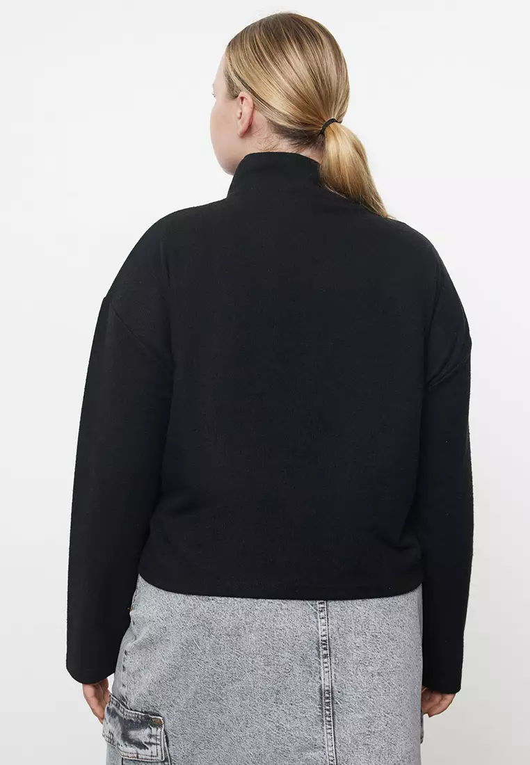 Black Stand Collar Zip Slim Knitted Sweatshirt