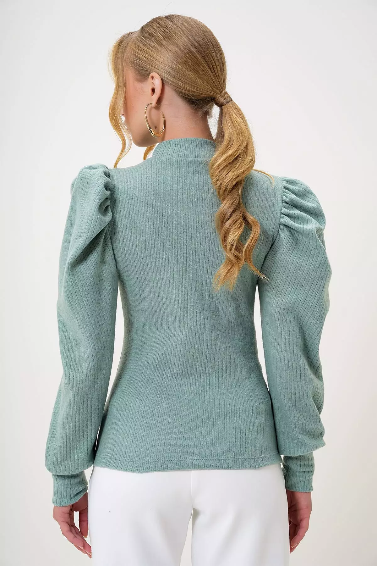Women's Mint Crew Neck Drop Neck Princess Sleeve Knitwear Blouse