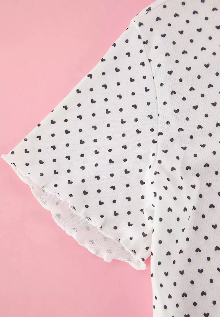 Ecru Heart Patterned Buttoned Camisole Shorts Knitted Pajama Set Tbbss25Ai00104