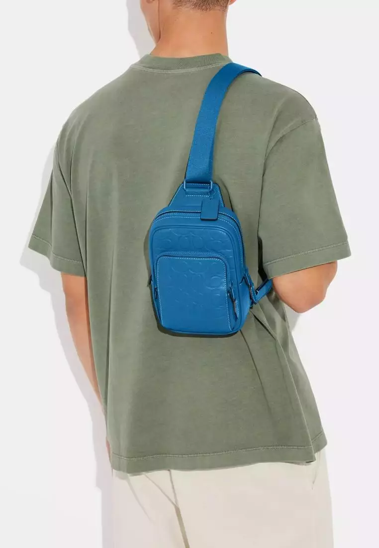 Coach Track Pack 14 In Signature Leather Blue Jay