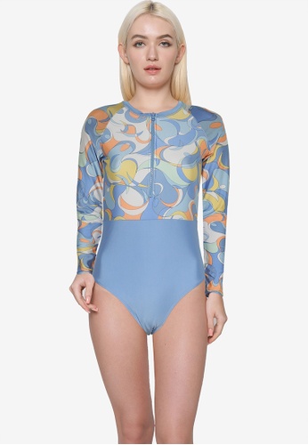 Cotton On Body blue Zip Front Long Sleeve One Piece Full Shimmer Swimsuit F9E8EUSFF8B890GS_1