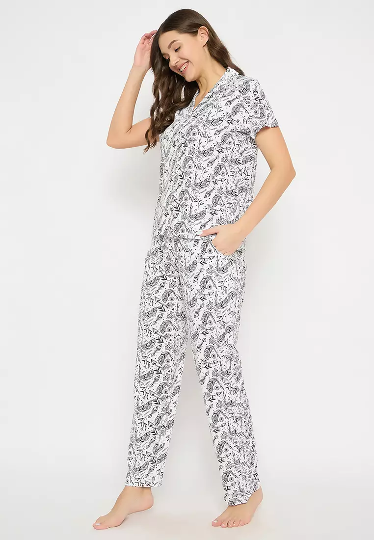 Clovia Printed Button Down Shirt & Pyjama Set in White - 100% Cotton